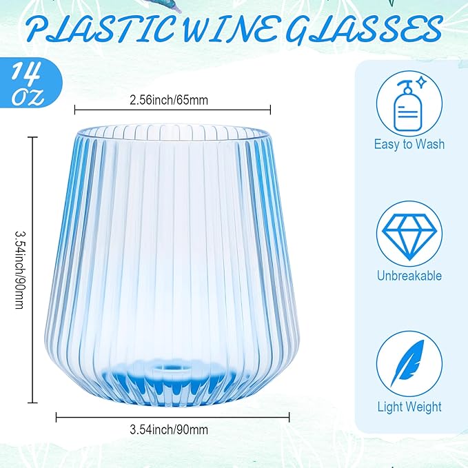 Suclain Plastic Wine Glasses Ribbed Stemless Wine Glasses 14oz Vertical Design Unbreakable Cups for Outdoor Indoor Vintage Elegant Champagne Whiskey Cups for Party Wedding(Blue,100 Pcs)