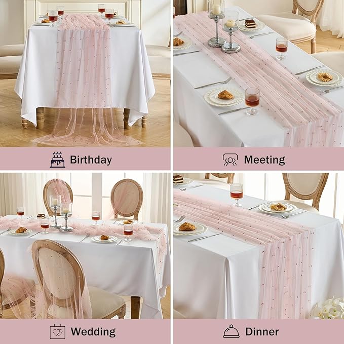 Fanami 1 Pack Pearl Table Runner -10FT Dusty Pink Boho Tulle Table Runners 120 Inches Long Rustic Sheer Lace Fabric Centerpieces for Wedding Arch Birthday Party Bridal Veil Baby Shower Decorations