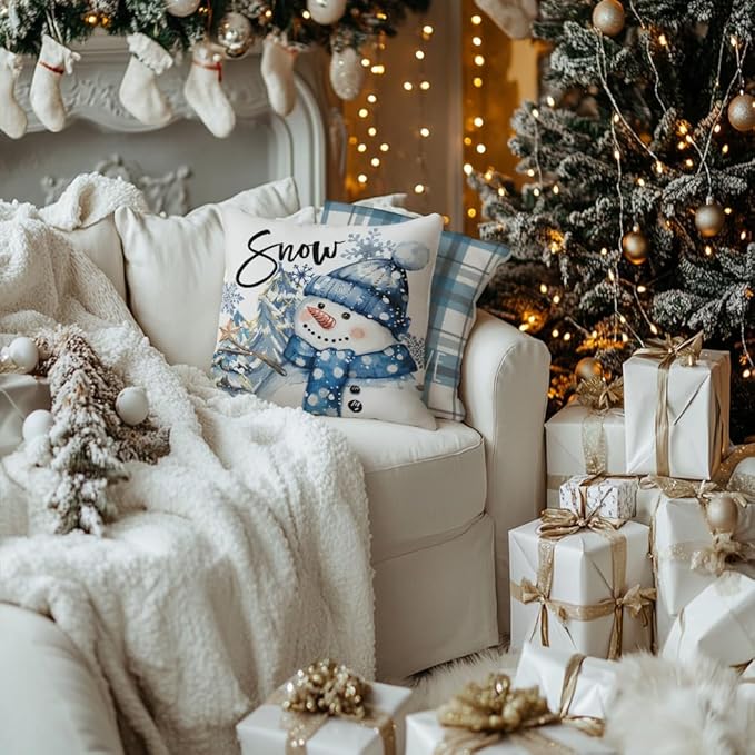 GEEORY Winter Christmas Throw Pillow Covers 16 x 16 Inch Set of 4, Xmas Trees Snowflake Snowman Joy Plaid Holiday Farmhouse Decorative Cushion Cases for Home Decoration G582-16