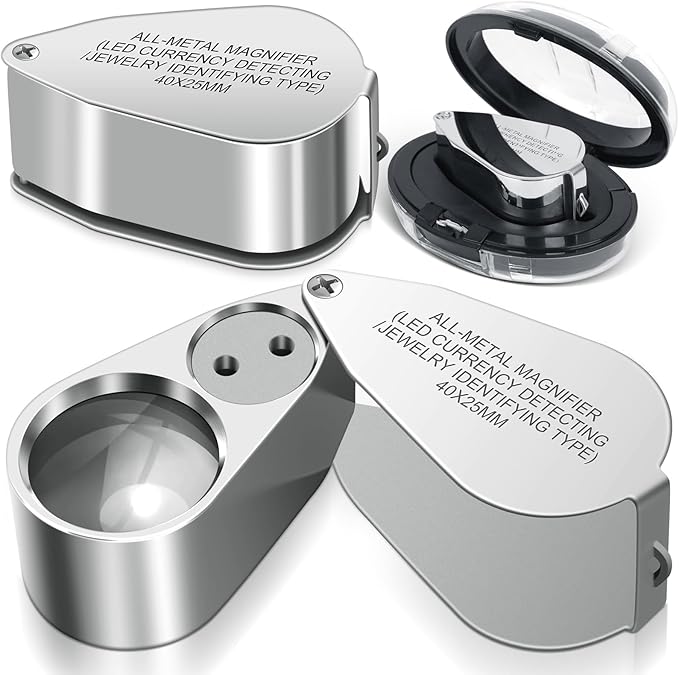 Leffis 2 Pack 40X Jewelers Loupe Magnifier Magnifying Glasses, LED/UV Illuminated Jewelry Loop Pocket Folding Magnifying Glass with Metal Construction for Jewelry, Stamp, Rock Collecting