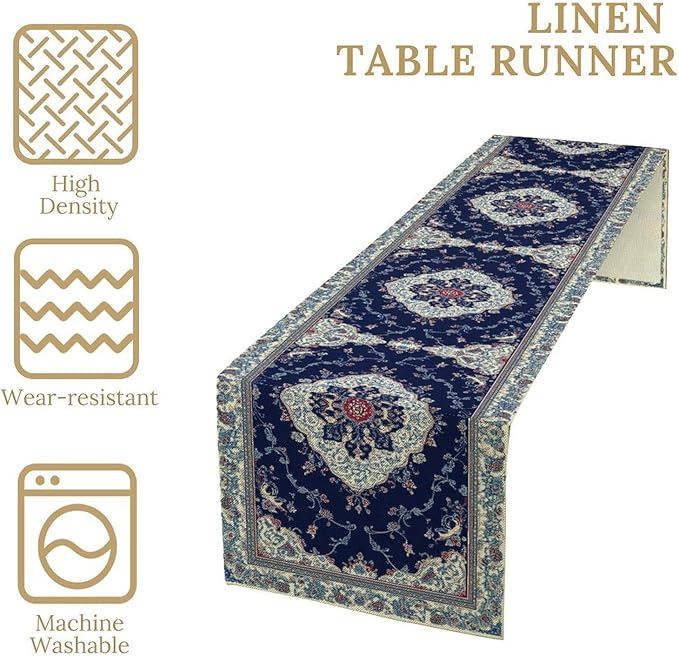 Elegant Palace Boho Blue Table Runner Vintage French Style Farmhouse Geometric Home Farmhouse Kitchen Table Dining Coffee Room Garden Party Wedding Decor 13x36in