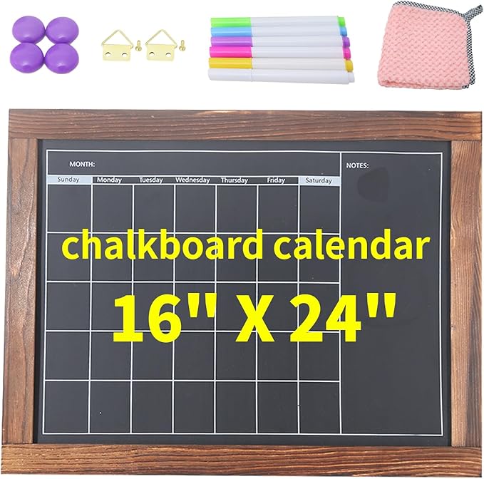 Magnetic Chalkboard Calendar for Wall Monthly Planner Board Wite Wood Frame Reusable Planning Blackboard for Record Daily Tasks List 16" x 24"