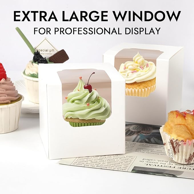 JCD 70pcs Cupcake Boxes, 3.5inches Auto-Pop up Single Individual Pre-Assembled White Cake Boxes with Window and Inserts Single Cupcake Containers for Birthdays, Wedding(White/70Pcs)