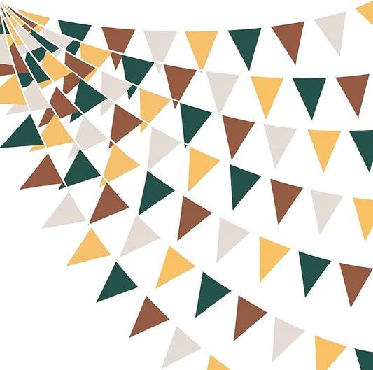 32Ft Green Brown Woodland Party Decorations Fabric Triangle Banner Flag Pennant Bunting Garland for Jungle Safari Animal Zoo Themed Wild Forest Baby Shower Camper Fall Wedding Birthday Decor Supplies