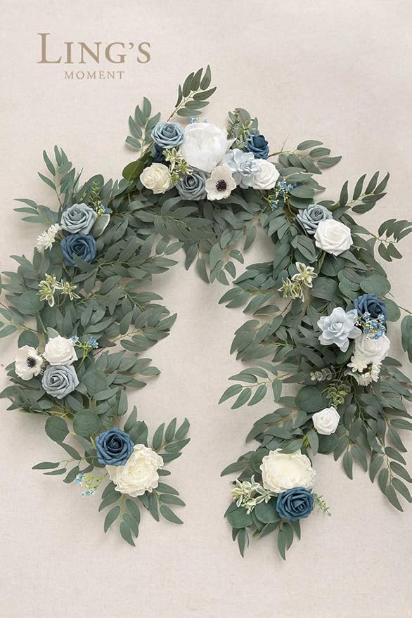 Ling's Moment Flower Garland - 6FT Eucalyptus & Rose - Sweetheart Table Decor for Wedding Reception, Artificial Arch Floral Garland for Mantle, Christmas, Beach Decoration, Dusty Blue & White