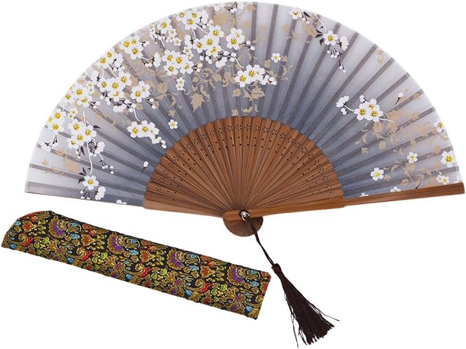 Amajiji Charming Elegant Modern Woman Handmade Bamboo Silk 8.27" (21cm) Folding Pocket Purse Hand Fan, Collapsible Transparent Holding Painted Fan with Silk Pouches/Wrapping. (CZT-06)