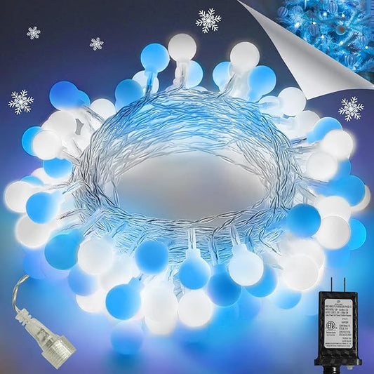43FT Connectable String Lights Indoor Outdoor | 100LED Blue and White Globe Fairy Lights Plug in 13 Modes with Timer | Christmas Light for Bedroom Classroom Wedding Party Christmas Tree Decorations