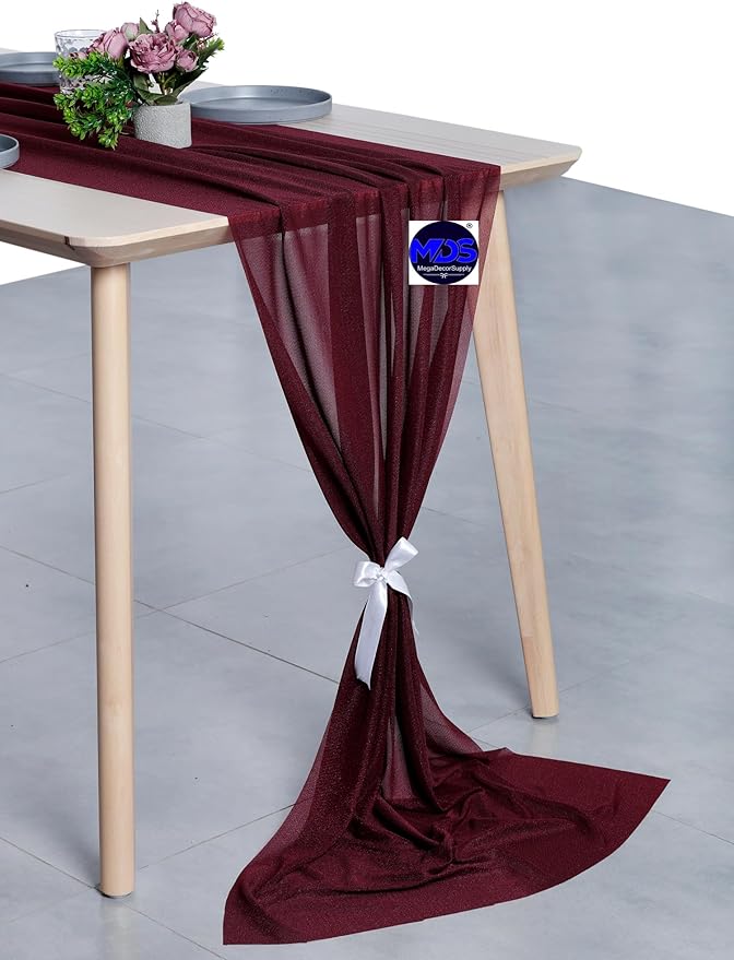 MDS Halloween Chiffon Table Runner - 15 Pack, 29 x 170 Inches, 14ft Each - Sheer Spooky Table Runners for Haunted House Parties, Trick-or-Treat Tables, Witchy Décor, Wedding & Events - Burgundy