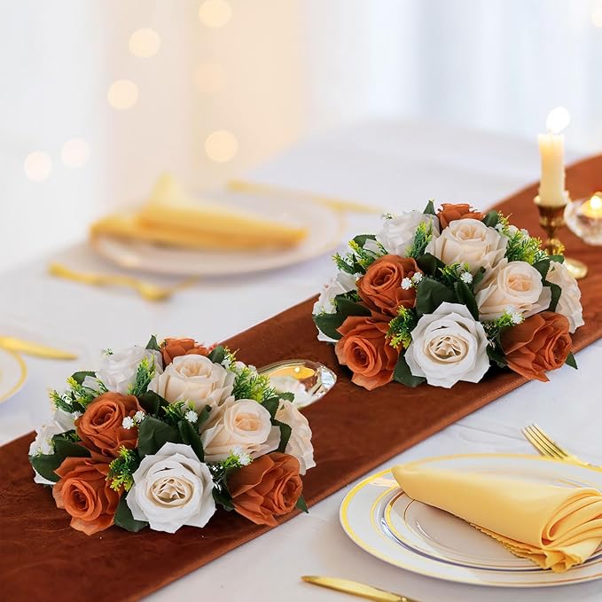 BLOSMON Flower Balls for Centerpieces Decoration: 2 Pcs Terracotta Artificial Rose Kissing Balls for Table - Fall Fake Silk Floral Bouquet with Base Arrangements for Home Party Room DIY Decor