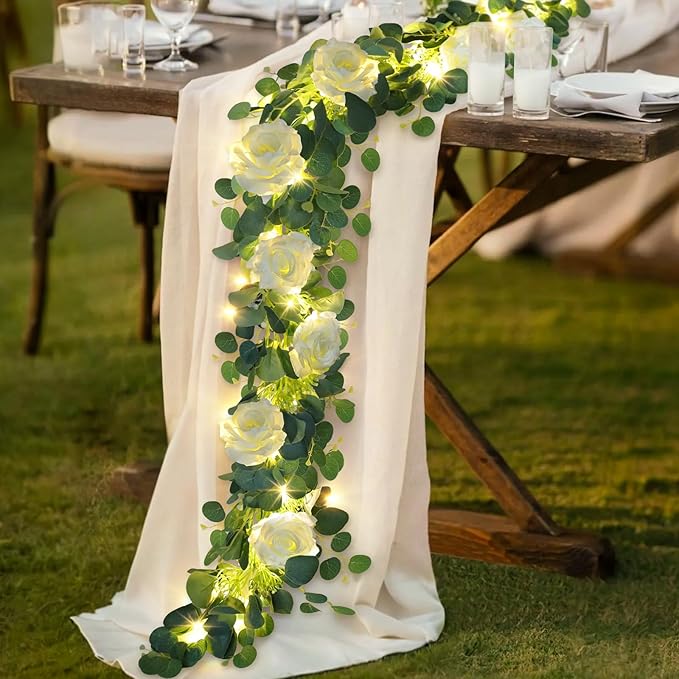 MACTING 6.6FT Flower Garland with Lights Fake Gypsophila Eucalyptus Garland with 12 White Roses Artificial Floral Greenery Vine for Wedding Arch Table Centerpieces Backdrop Party Summer Decorations