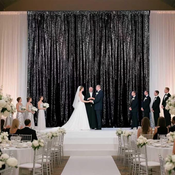Black Sequin Backdrop Curtain 4 Pieces 2FTx8FT Glitter Photography Backdrop for Party Wedding Birthday Christmas Decorations