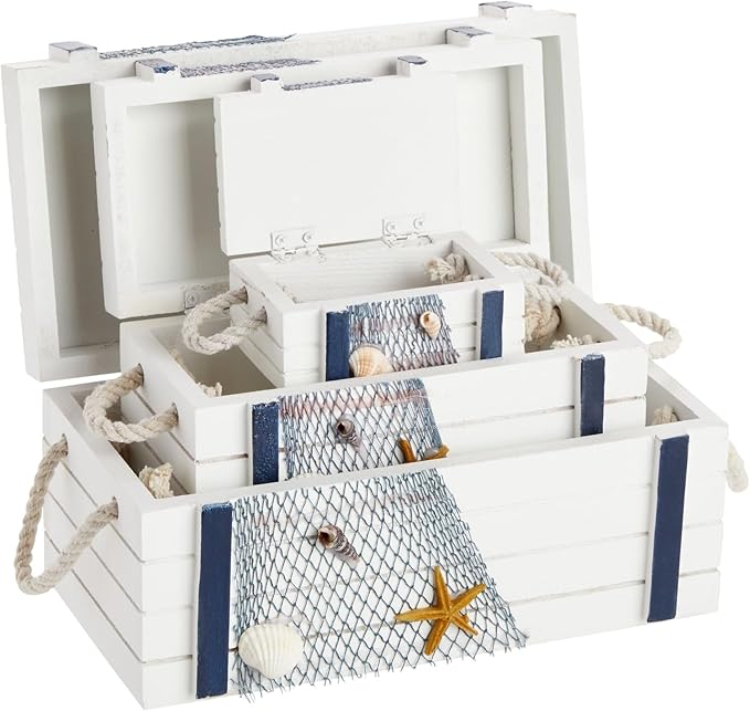 Juvale Nautical Wooden Jewelry Box Set - Jewelry Storage & Nautical Decor Boxes with Lids - Coastal Decor Table Centerpiece