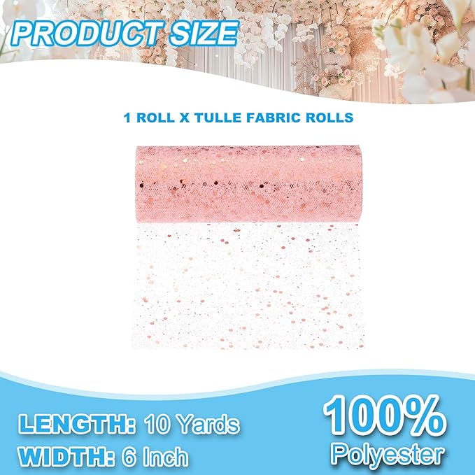 PATIKIL Tulle Fabric Rolls, 6 Inch by 10 Yards Fabric Spool Tulle Sparkling Ribbon Netting Sequin for DIY Tutu Skirts Crafts Wedding Party Decorations, Rose Gold