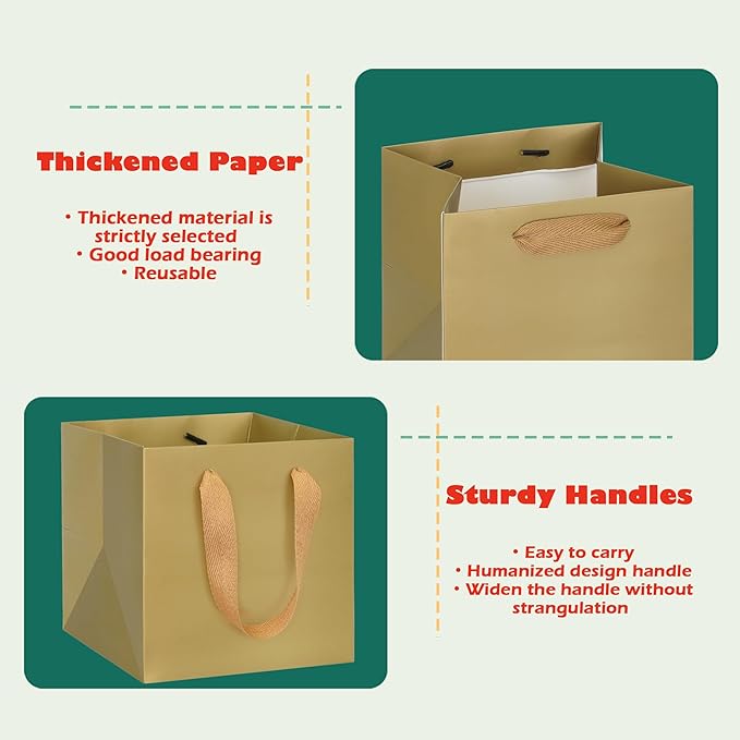 ADIDO EVA Gold Square Gift Bags Large Size Square Bottom Paper Bags with Handles for Party Favor, Shopping Bag (12x12x12 In, 10 CT)