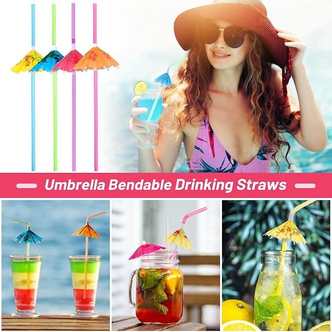 Paxcoo 50pc Umbrella Straws for Cocktails, Tropical Hawaiian Luau Party Decorations (Assorted Colors)