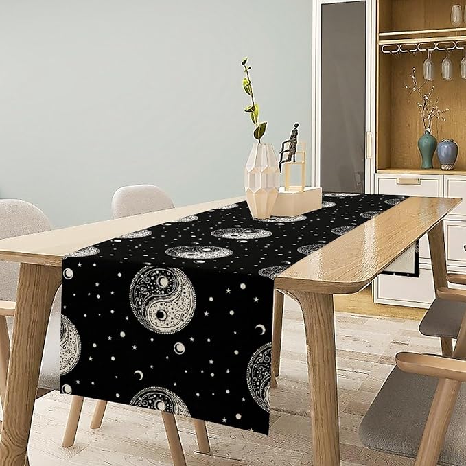 Mystical Celestial Table Runner, Vintage Bohemian Black Yin Yang Symbol Moon Stars Print Table Runner for Office Kitchen Dining Wedding Party Home Coffee Table, 13x90inch