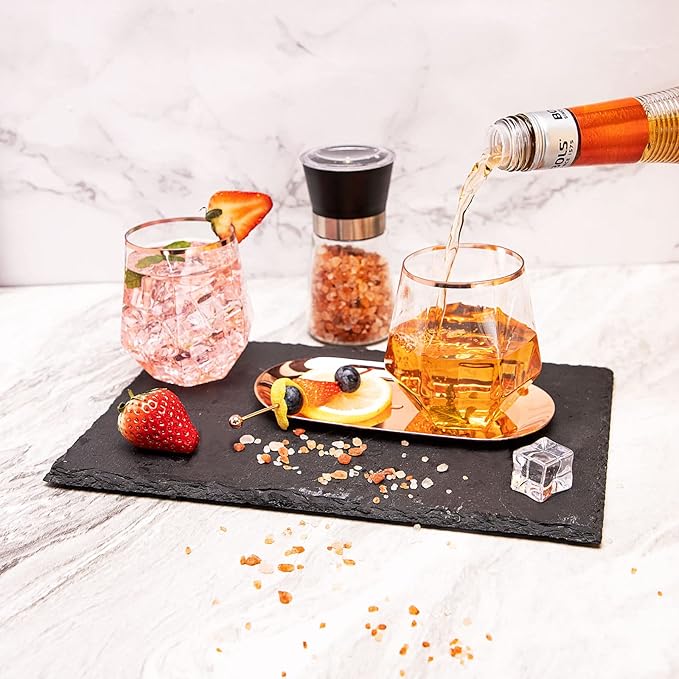LUODA Rose Gold Diamond Shaped Plastic Stemless Wine Glasses Set of 24, Disposable 12 Oz Rose Gold Plastic Whiskey Glasses for Birthday, Housewarming and Weddings