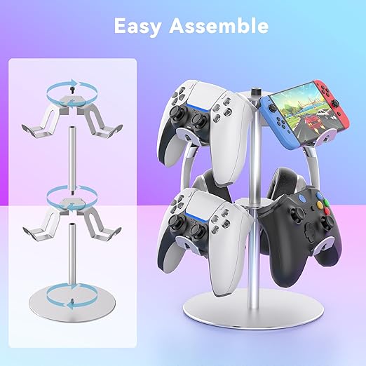 DGPCT Controller Stand Compatible with Xbox PS5 PS4 Nintendo Switch Pro, 2 Tiers Aluminum Headset Holder, Gaming Headphone and Controller Holder Organizer Rack, Universal & Stable (Silver)