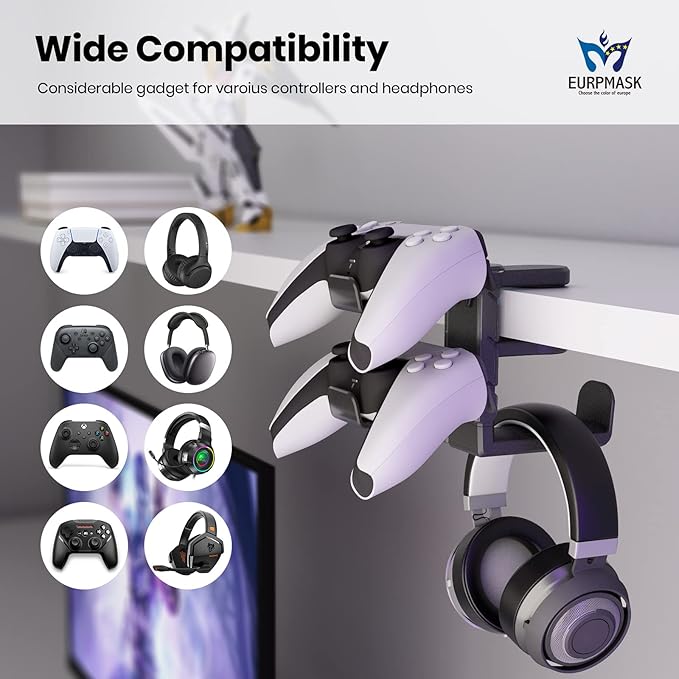 3-in-1 PC Gaming Headset&Controller Holder - EURPMASK Headphone Stand w/Adjustable Clamp&2 Controller Holder&Rotating Arm&Cable Organizer, Universal PC Gaming Accessory Controller Headset Stand-Black
