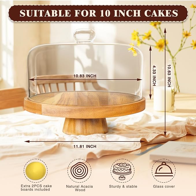 Acacia Wood Cake Stand with Lid, 12" Glass Cake Stand with Dome Cake Holder, 2-in-1 Dessert Table Display Set & Charcuterie Board for Weddings, Parties, Bakeries