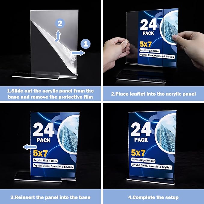 Acrylic Sign Holder 5 x 7, 24 Pack Clear Double-Sided Acrylic Display Stand for Vertical Tabletop Use, Perfect for Menus, Flyers, and Paper in Restaurants, Hotels, Office