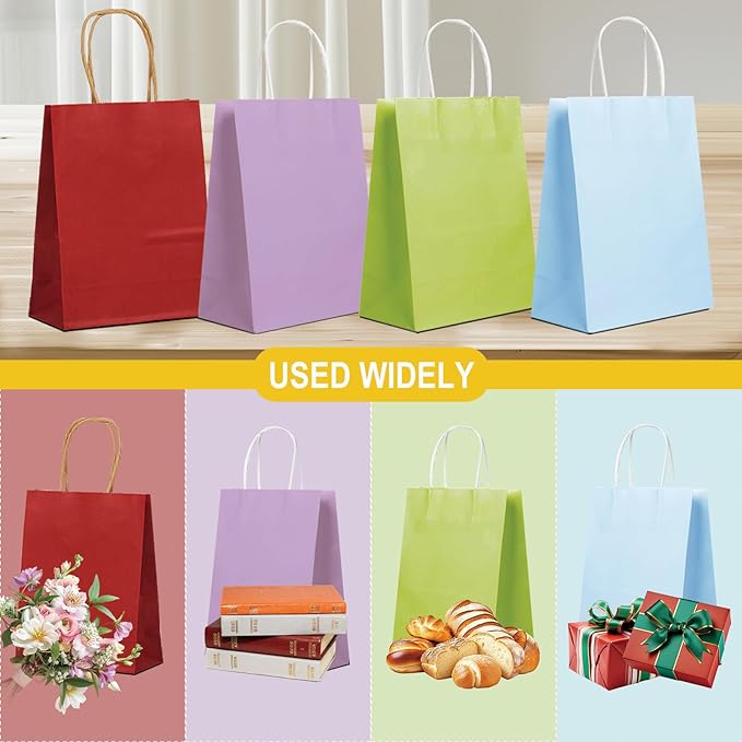 BAG BOX 100 Pack Medium 8.25x4.3x10.6 Inch Red Kraft Paper Gift Bags with Handles for Bulk Shopping, Retail, Craft, Party Favors, Wedding, Grocery & Sacks