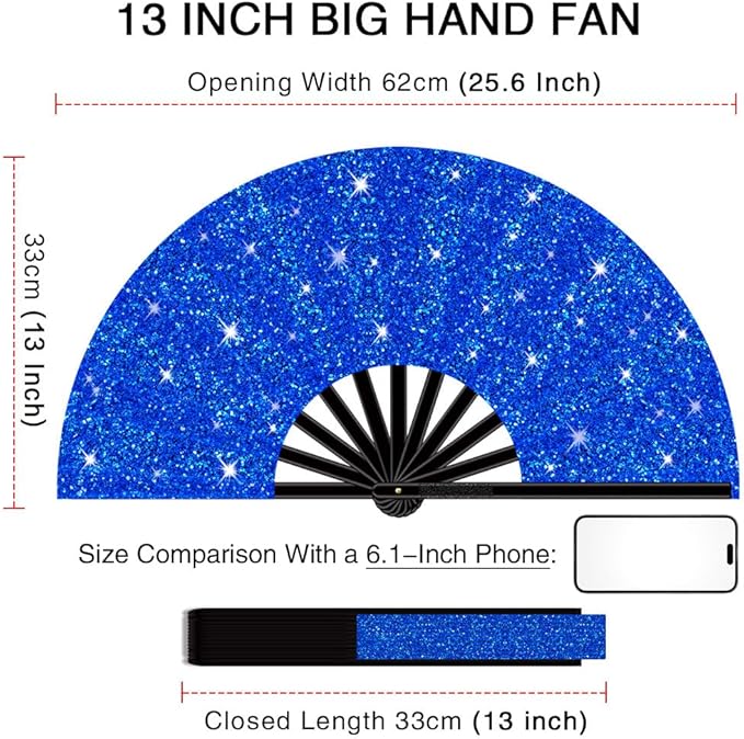 13" Large Folding Rave Fan with Holster, Clack Hand Fans Foldable for Line Dancing, Boots On The Ground Fan for Women Men Festival EDM Party Decoration, Glitter Blue