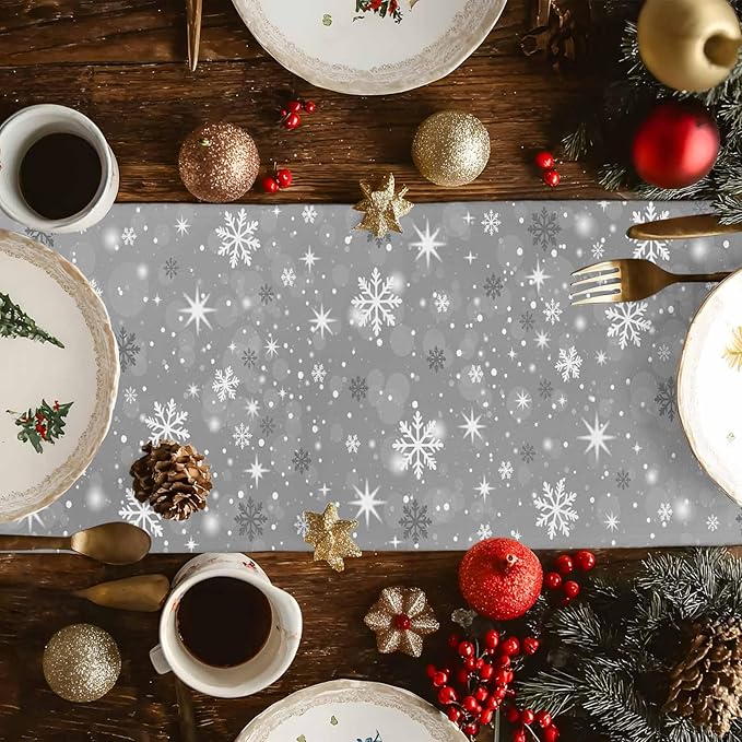 Christmas Snowflakes Cotton Linen Table Runner for Dining Kitchen, Xmas Tree Snow Winter Wedding Outdoor Party Tablerunners Decoration, Grey Balls Dresser Scarf Coffee Tablecloth Runners 13x60 Inches