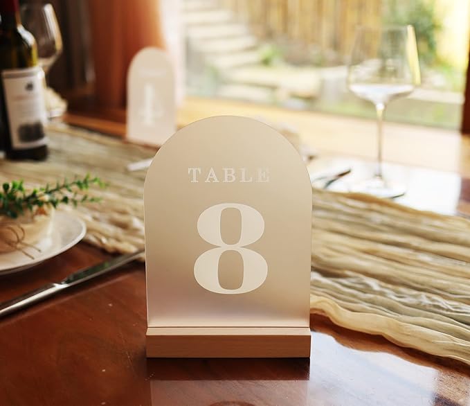 Wedding Table Numbers 1-10, Acrylic Arch Signs with Natural Wood Stands Holders, Rustic Table Decor for Reception & Parties (Frosted White)