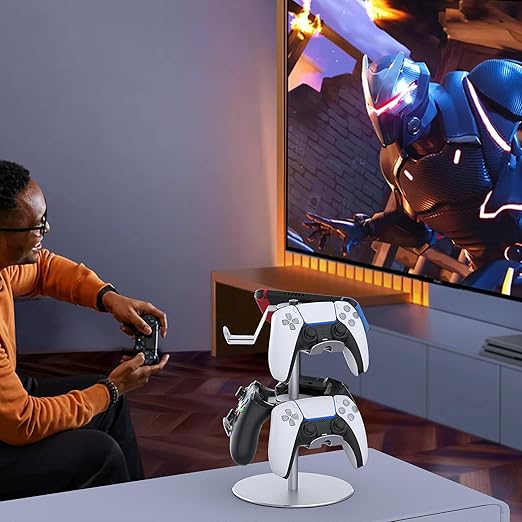 DGPCT Controller Stand Compatible with Xbox PS5 PS4 Nintendo Switch Pro, 2 Tiers Aluminum Headset Holder, Gaming Headphone and Controller Holder Organizer Rack, Universal & Stable (Silver)