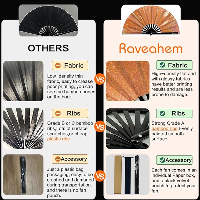 Large Rave Fan, Clack Folding Hand Fan with Premium Fabric, Thick Bamboo Frame for Men Women Gift for EDM, Festival, Club, Party, Dance, Decoration (Lridescent Orange, 13")