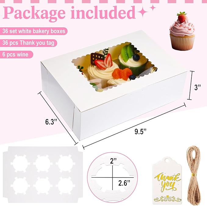 36 Pack Cupcake Boxes Hold 6 Count Disposable Cupcake Containers with Window and Cake Carrier with Thanks Card and Jute Rope to Muffins Cupcakes Cookies Gift Wrapping(White)