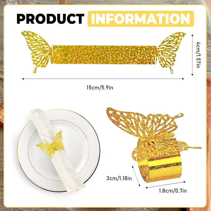 100 Pcs 3D Gold Butterfly Iridescent Napkin Rings Silverware Wraps Bands,Table Setup Sequined Wedding Valentines Day Event Party Supply Settings, Glossy Serviette Buckles Decoration(Gold)