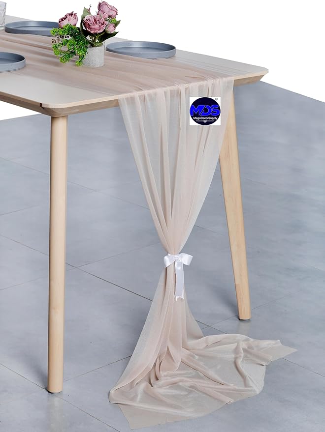 MDS 2 Pack 10ft Chiffon Table Runner 29 x 120 Inches Sheer Wedding Runner Romantic Rustic Table Runner for Wedding Decorations, Birthday Parties, Bridal Shower Party Arch Decor - Nude