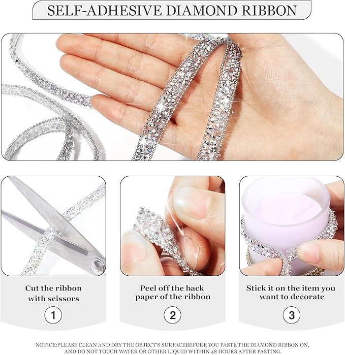 Rhinestone Ribbon 3 Yards Self Adhesive Rhinestone Strips Diamond Ribbon Sticker Crystal Roll Glitter Bling Rhinestones Tape for Crafting DIY Art Decoration (Silver AB,0.4 Inch)