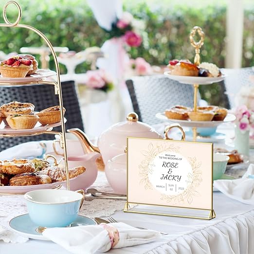 NIUBEE 6Pack 6 x 4 Horizontal Clear Acrylic Sign Holder with Gold Borders, Double Sided Table Menu Stands Picture Frames for Wedding Table Numbers, Restaurant Signs, Photos and Art Display