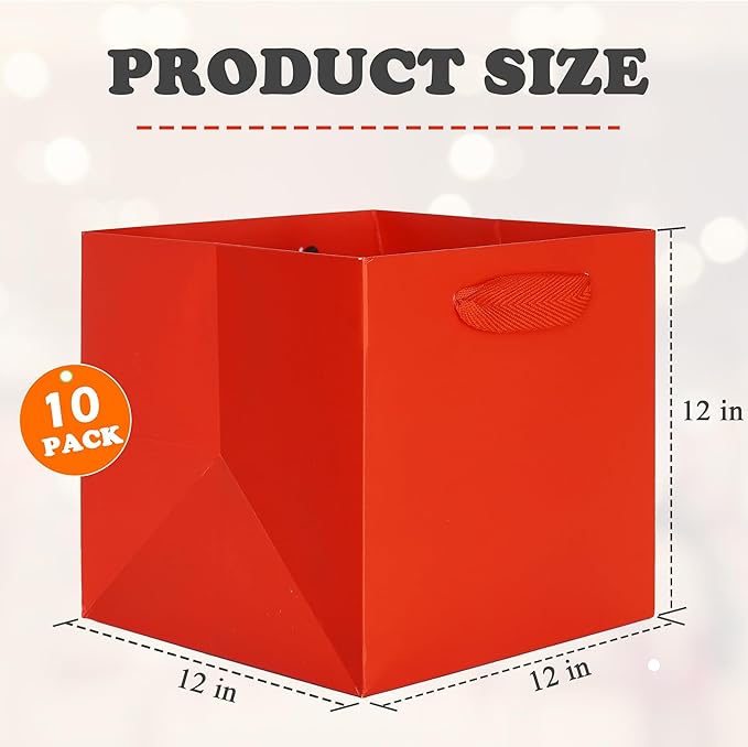 ADIDO EVA Red Square Gift Bags Large Size Square Bottom Paper Bags with Handles for Party Favor, Shopping Bag (12x12x12 In, 10 CT)