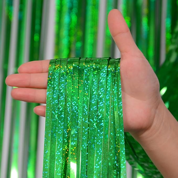 Melsan Foil Curtain Backdrop, 2 Pack 3.2 ft x 8.2 ft Tinsel Foil Fringe Curtains, Sparkle Metallic Foil Fringe Curtains for St Patricks Day Decorations Photo Booth Props Decoration, Green