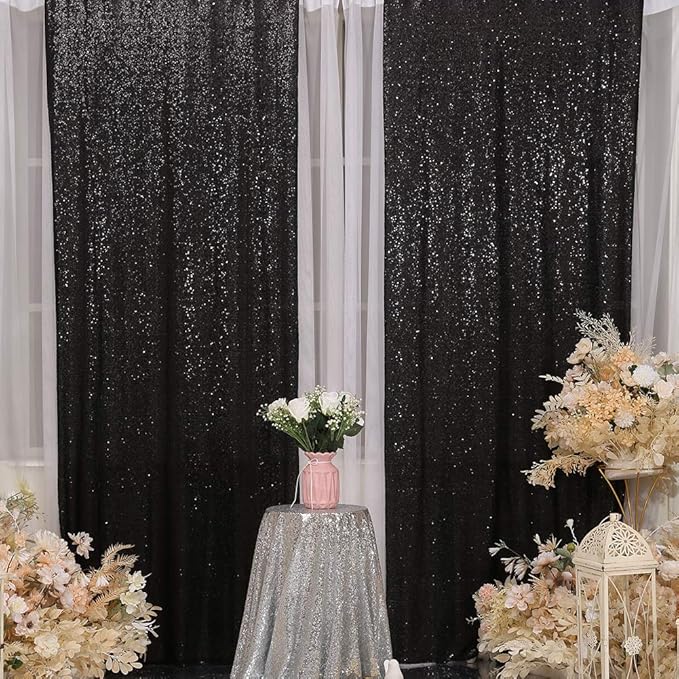 SquarePie Sequin Backdrop Curtain 2FT x 8FT Black for Halloween Party 2 Panels