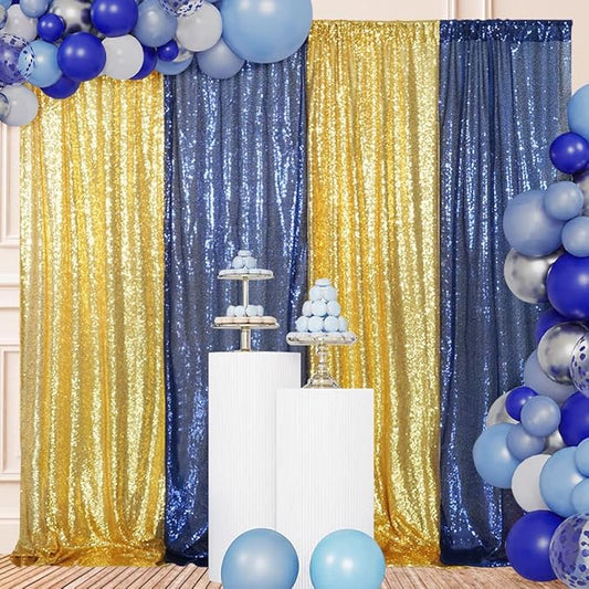 4 Panels Gold&Blue Sequin Backdrop Curtain 2FTx8FT Glitter Sequin Backdrop Curtains for Birthday Party Wedding Decoration