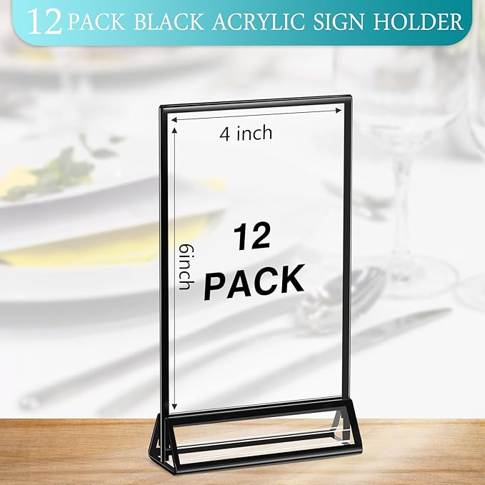 12 Pack Acrylic Sign Holders with Black Border Table Sign Number Holders Double Sided Clear Frame for Wedding Restaurant Picture Centerpiece Party Anniversary(4 x 6 Inch)(4 x 6 Inch)