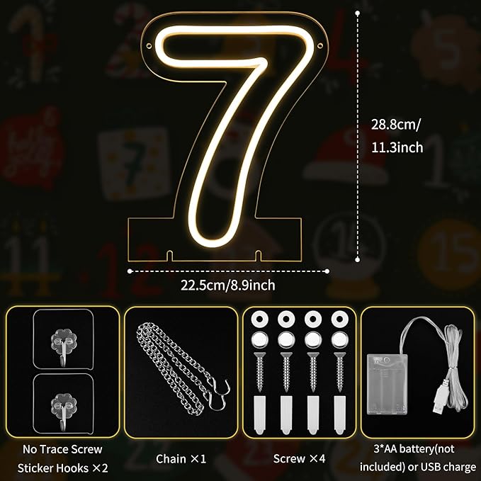 Number 7 LED Neon Sign Backdrop Birthday Party Decoration, 11.3" Height Warm White Marquee Numbers Seven Light Up Sign for Wedding Anniversary Window Wall Table, Indoor Battery Operated or USB