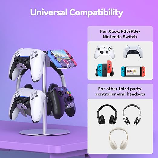 DGPCT Controller Stand Compatible with Xbox PS5 PS4 Nintendo Switch Pro, 2 Tiers Aluminum Headset Holder, Gaming Headphone and Controller Holder Organizer Rack, Universal & Stable (Silver)