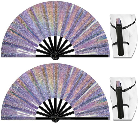 13" Large Folding Rave Fan with Holster, Clack Hand Fans Foldable for Line Dancing, Boots On The Ground Fan for Women Men Festival EDM Party Decoration, Lridescent Purple 2 Pack