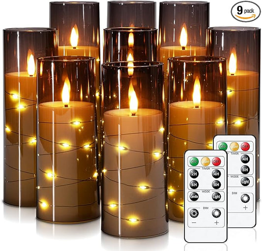 Raycare Flameless Candle with Remote Timer – 9 Flickering Acrylic Battery Operated LED Pillar Candles with Embedded Star String for Halloween, Fall Decor, Harvest Festival Gifts(Grey)