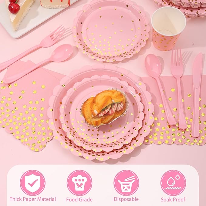 175 Pink Rose Gold Plates Napkins Party Decorations, Pink and Gold Disposable Party Supplies, Plastic Forks Knives Spoons Rose, Golden Dot Paper 9 Inch for Baby Shower Birthday, Severs 25