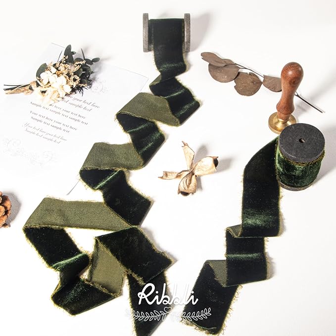 Ribbli Dark Moss Velvet Ribbon 1.5 Inch Handmade Frayed Vintage Christmas Ribbon for Gift Wrapping Christmas Tree Ornament Wreath Craft Home Decor -Total 3 Yards with Wooden Spool