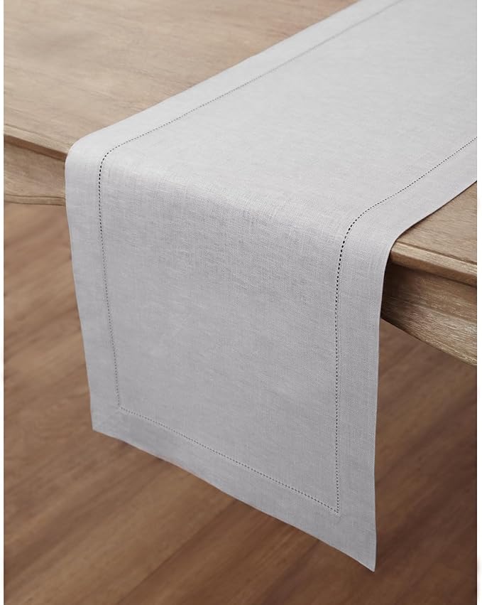 Solino Home Linen Soft Grey Table Runner 36 Inches - Classic Hemstitch, 100% Pure Linen Coffee Table Runner 14 x 36 Inch Ideal for Dresser Tables - Fall, Autumn, Halloween, Thanksgiving, Christmas