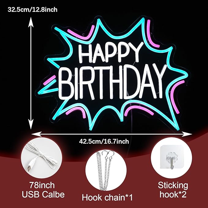 Happy Birthday Neon Sign Dimmable Celebrate Birthday Neon Light Powered by USB Gleaming LED Happy Birthday Lignt Up Sign for Birthday Paty Decoration Bedroom Birthday Gifts(16.7”*12.8”)