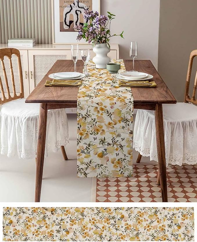 Vintage Orange Flower Cotton Linen Table Runner for Dining Kitchen, Wedding Outdoor Party Tablerunners Decoration, Farmhouse Botanical Floral Retro Dresser Scarf Coffee Tablecloth Runners 13x60 Inches